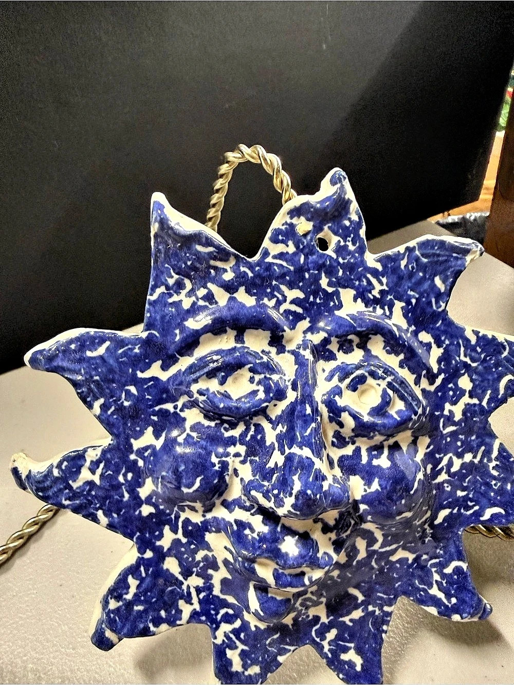 Blue and White Spongeware Ceramic Sun Face Wall Hanging